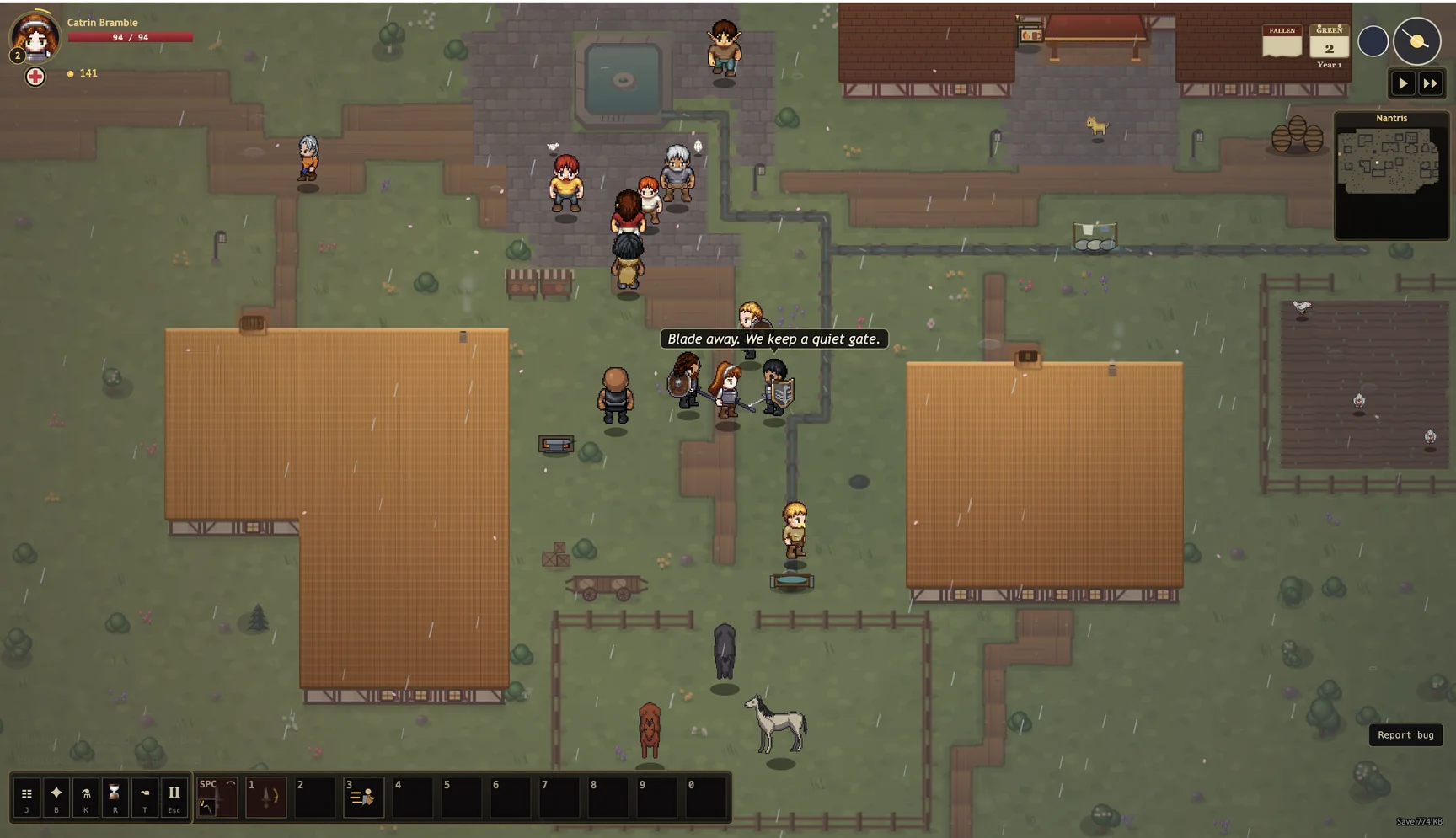 Gameplay in rainy Nantris, where the player faces an armed guard among townspeople and animals.